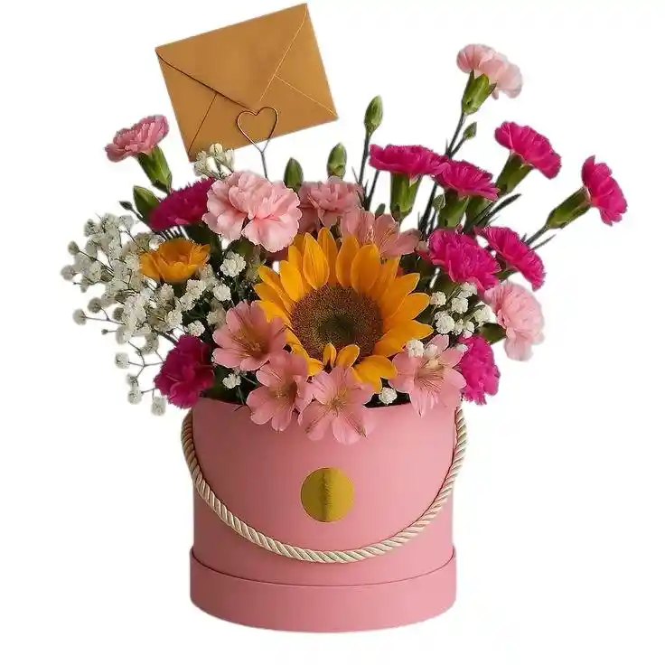 Caja De Girasol, Claveles Y Follajes