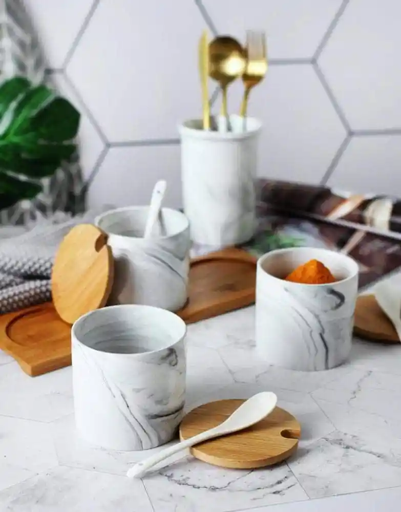 Organizador De Especias 3 Tarros Cucharas Cerámica