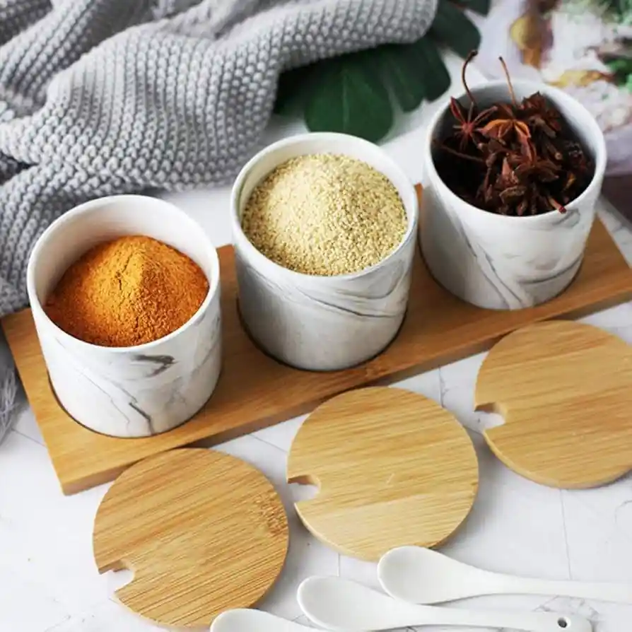 Organizador De Especias 3 Tarros Cucharas Cerámica