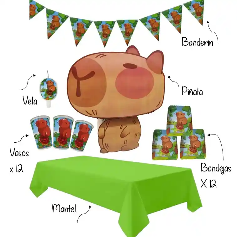 Kit Fiesta Platos Vasos Piñata Mantel Capibara Capybara