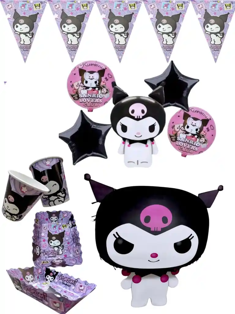 Kit Fiesta Platos Vasos Piñata Globos Kuromi Decoracion Cumpleaños
