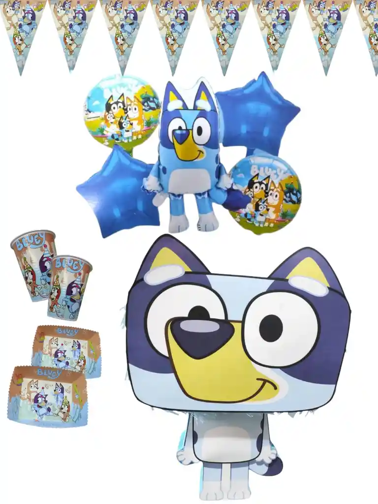 Kit Fiesta Platos Vasos Piñata Globos Bluey Decoracion Cumpleaños