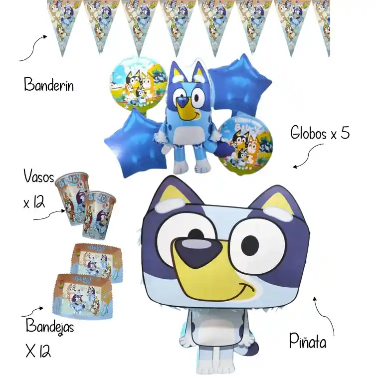 Kit Fiesta Platos Vasos Piñata Globos Bluey Decoracion Cumpleaños