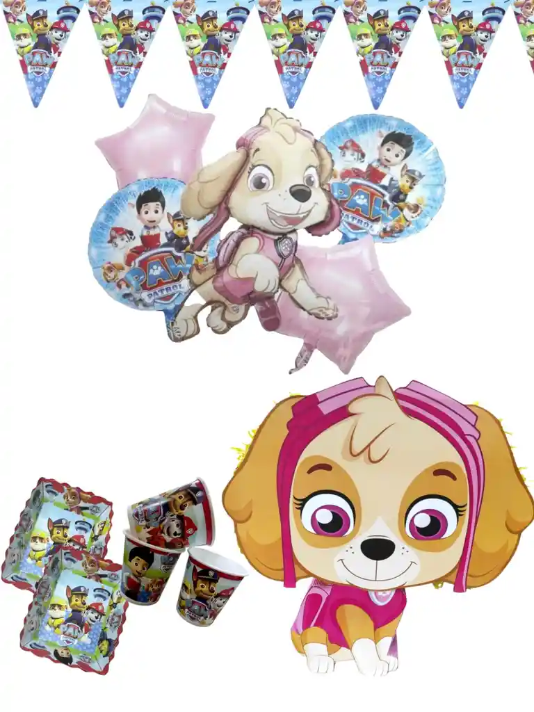 Kit Fiesta Platos Vasos Piñata Globos Skye Guardia Canina Decoracion Cumpleaños