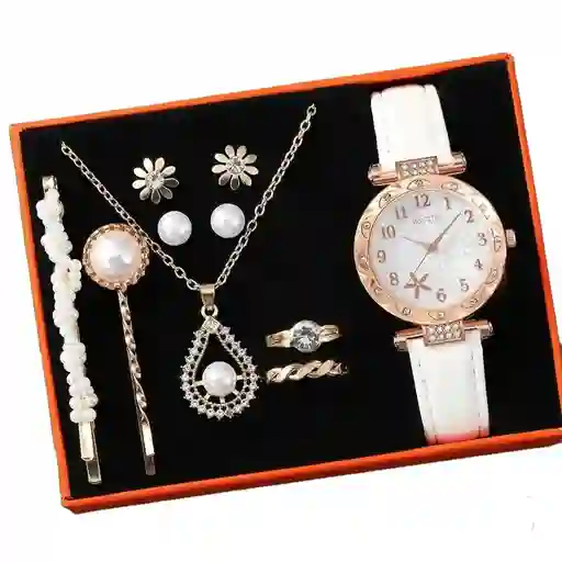 Kit Reloj Negro Rosas Para Mujer + Juego De Collar Aretes