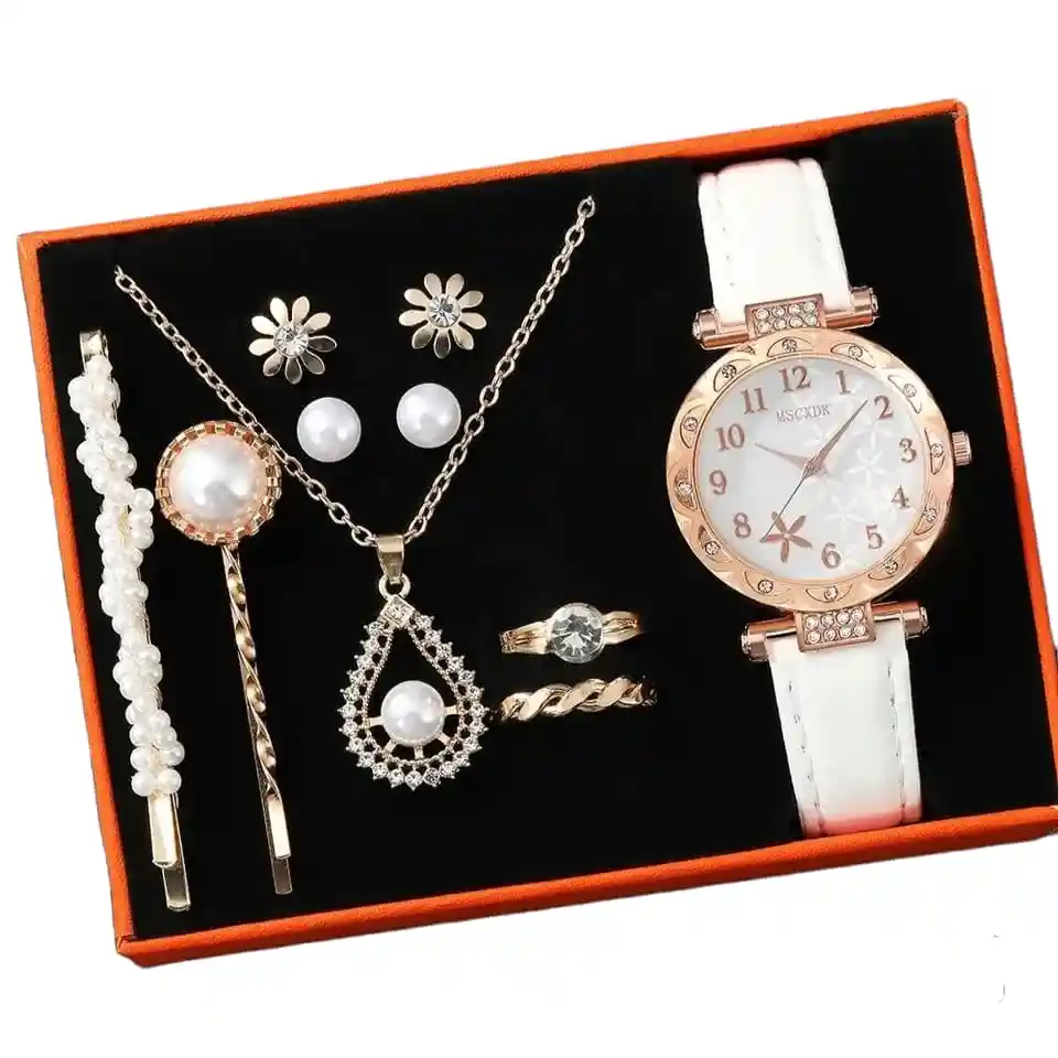 Kit Reloj Negro Rosas Para Mujer + Juego De Collar Aretes