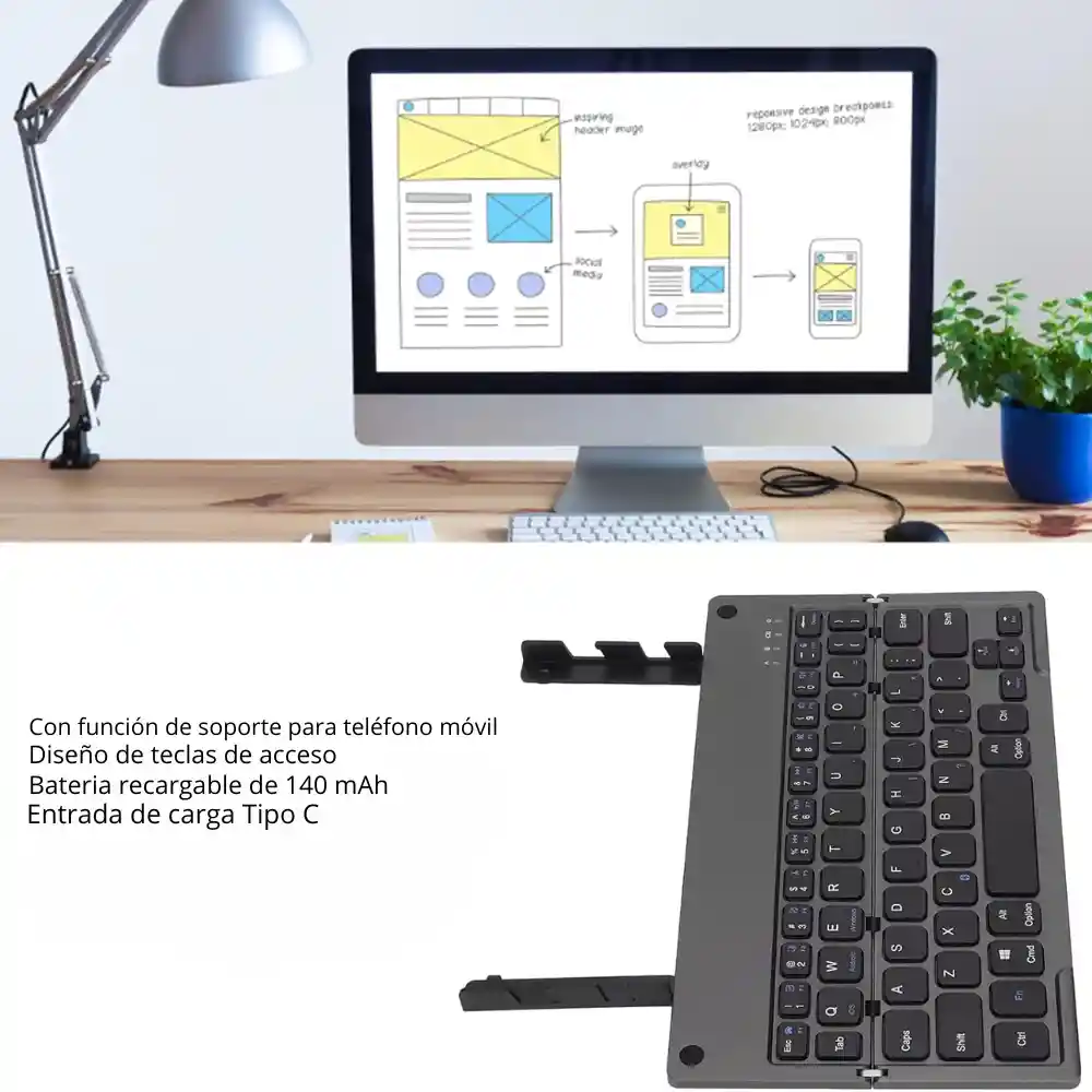 Teclado Bluetooth Plegable Portátil Recargable Soporte S1005