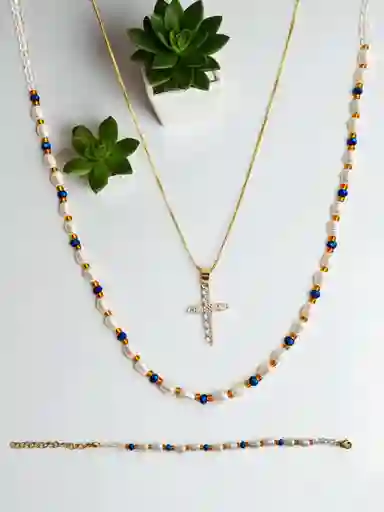 Set De Doble Cadena En Rodio Con Cruz Rodinada Y Manilla (3 Piezas) J2