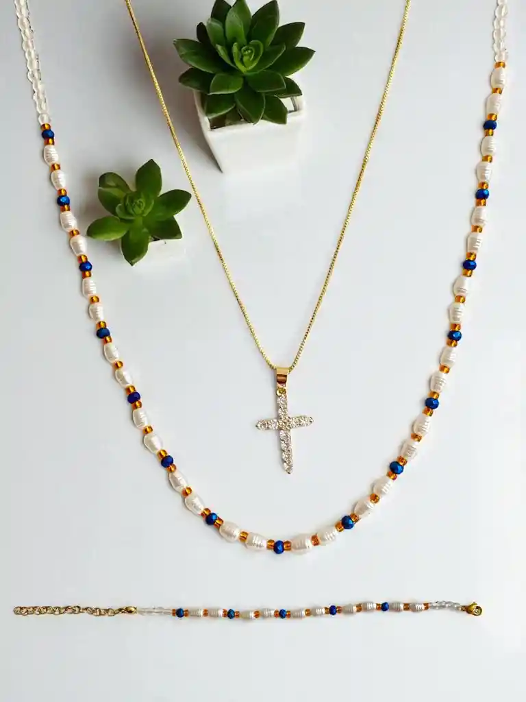 Set De Doble Cadena En Rodio Con Cruz Rodinada Y Manilla (3 Piezas) J3