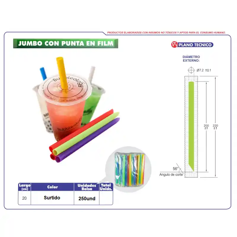 Pitillo Malteada Jumbo Con Punta 10mm Colores Forrados X 250und