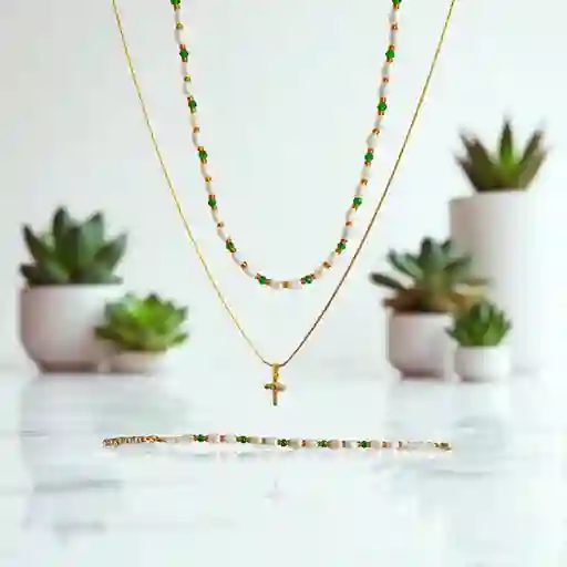 Set De Doble Cadena En Rodio Con Cruz Circonnias Rodinadas Y Manilla (3 Piezas) J4