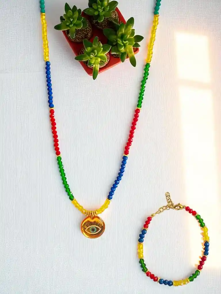 Set De Cadena En Cristalitos Con Ojo Turco (2 Piezas) J7