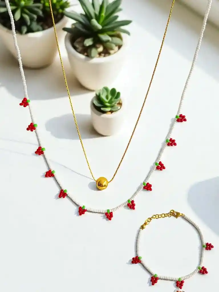 Set De Doble Cadena En Acero Dorado Con Uvas Rojas Y Manilla (3 Piezas) J9