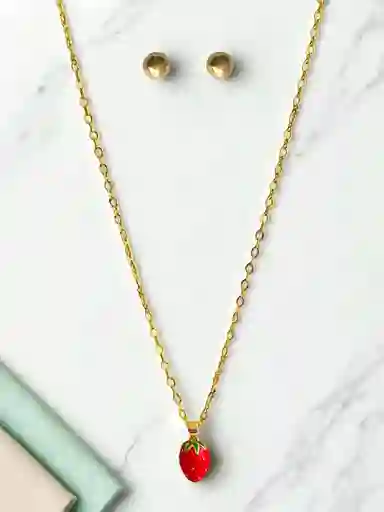 Set De Cadena En Rodio Y Fresita Encantadora Con Topos (2 Piezas) J10