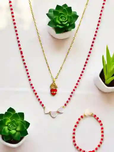 Set De Doble Cadena En Rodio Con Corazon De Poder Y Manilla (3 Piezas) J11