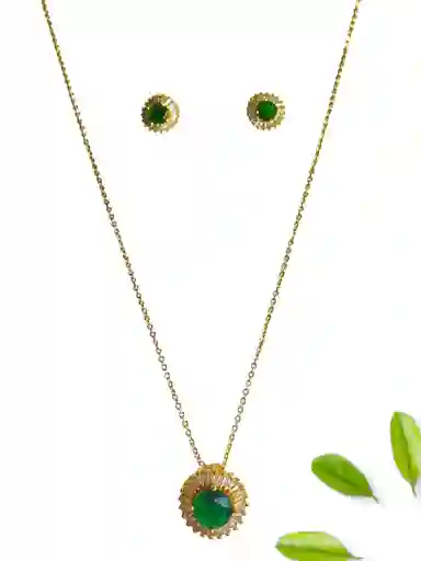 Set De Cadena En Rodio Dorado Con Circonia Verde Esmeralda Y Cristales Con Topos J14