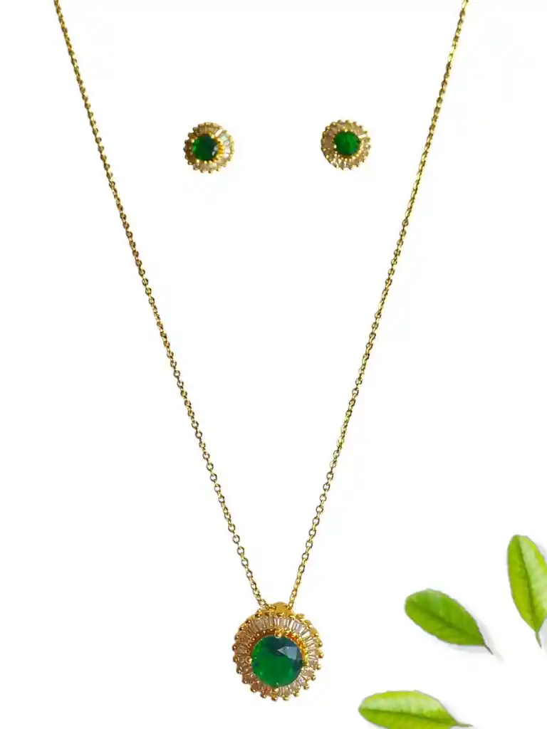 Set De Cadena En Rodio Dorado Con Circonia Verde Esmeralda Y Cristales Con Topos J14
