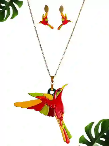 Set De Cadena Con Dije De Colibri Tallado En Madera Rojo Y Topos J17