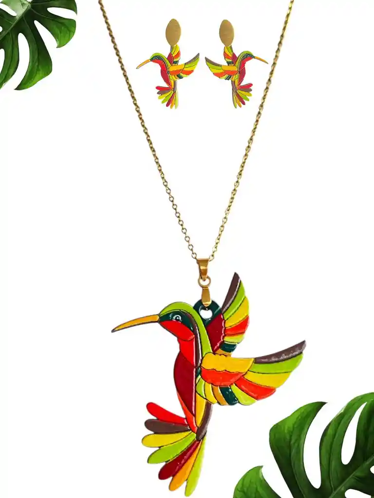 Set De Cadena Con Dije De Colibri Tallado En Madera Verde Y Topos J18
