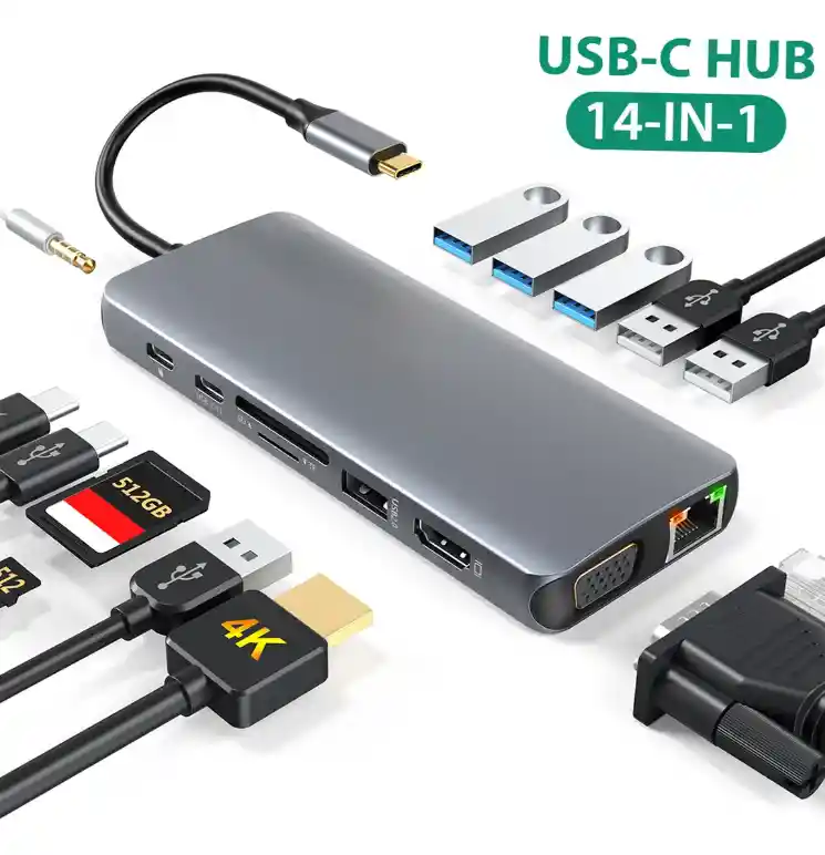 Hub Usb Tipo C 14 En 1, Vga, Hdmi, Usb A 3.0