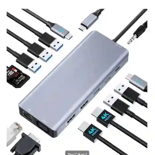 Hub Usb Tipo C 14 En 1, Vga, Hdmi, Usb A 3.0