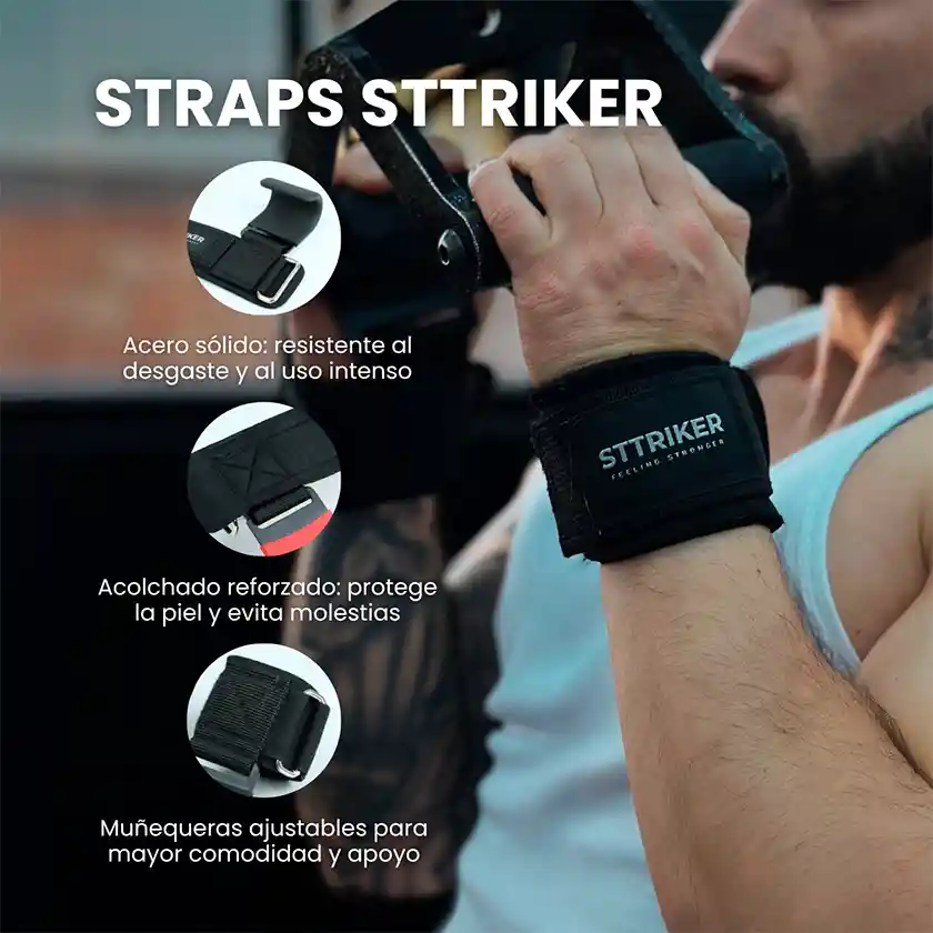 Kit X2 Straps Gancho Agarre Correas Levantamiento Pesas Gym Negro