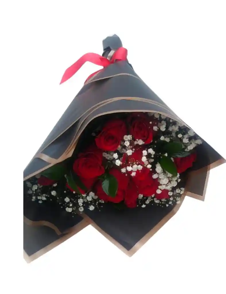 Bouquet De 12 Rosas Con Follajes En Papel Coreano Negro