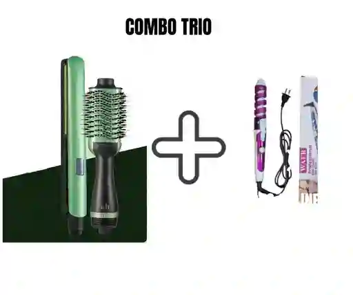 Trio Plancha Cepillo Secador + Pinza Rizadora