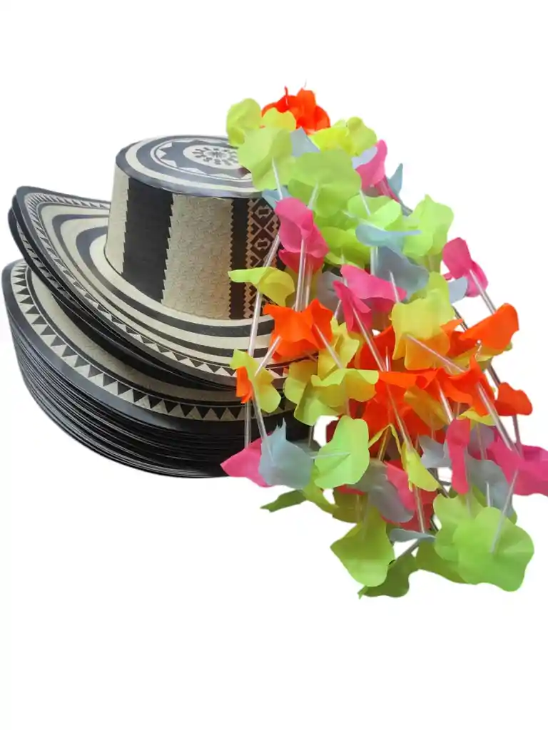 12 Sombreros Carton Y 12 Collares Fiestas Hora Loca Eventos Multicolores