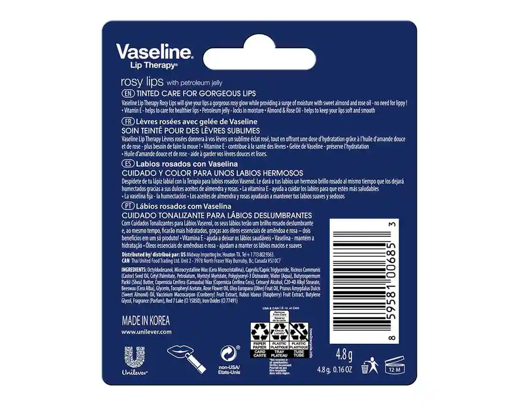 Vaseline Lip Therapy Rosy – Bálsamo Hidratante Rosado De Acción Rápida Para Labios Secos (4,8 G)