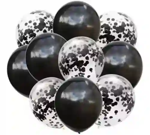 Globo Latex Bouquet 10 Piezas, Negro Y Cristal Con Confeti