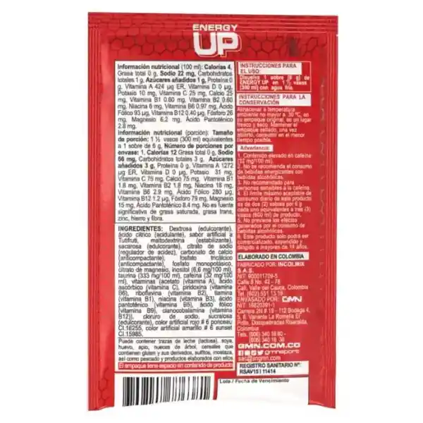 6 Sobres De Energy Up (6g) - Energizante Con Cafeina