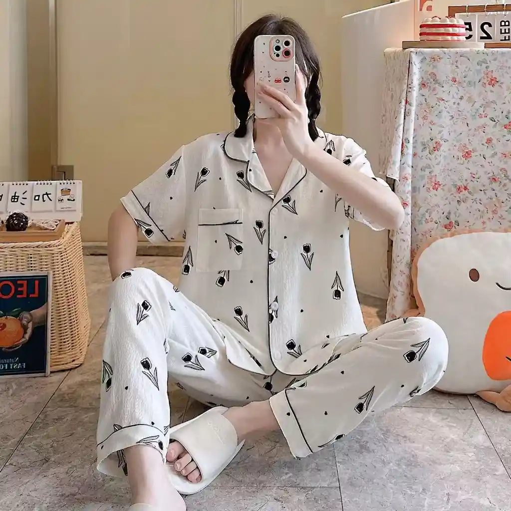 Pijama Dos Piezas Rosas Talla Única (camisa Botón + Pantalón)