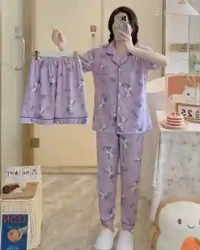 Pijama Tres Piezas Coneja Talla Única (camisa Botón + Pantalón + Short)