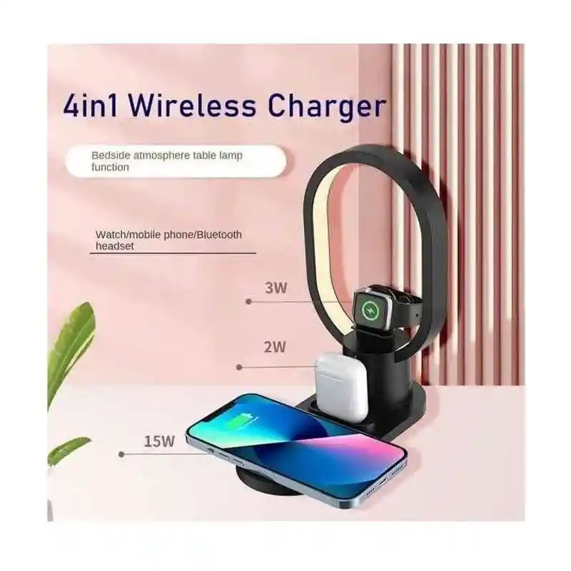Soporte Base Carga Inalambrica 4 En 1 Para Celular, Reloj, Audifonos Y Lampara