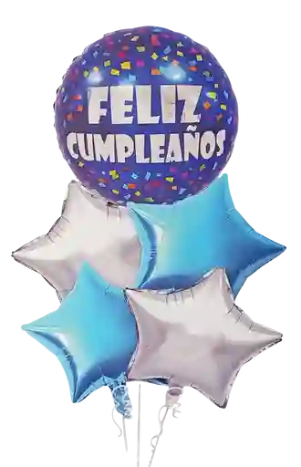 Bouquet Globos Y Bombas Feliz Cumpleaños Azul Y Plata 5 Piezas