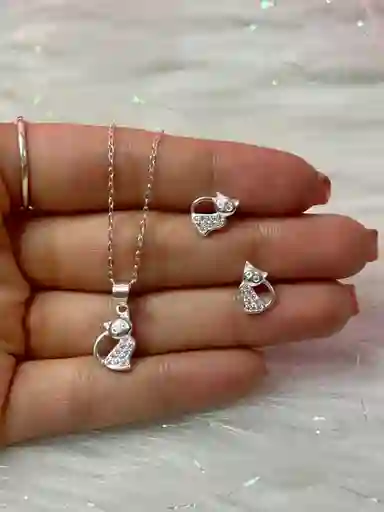 Set De Collar Y Aretes Gato Brillante