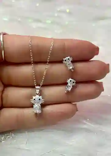 Set Collar Y Aretes Gato Con Cristales Y Ojos Negros