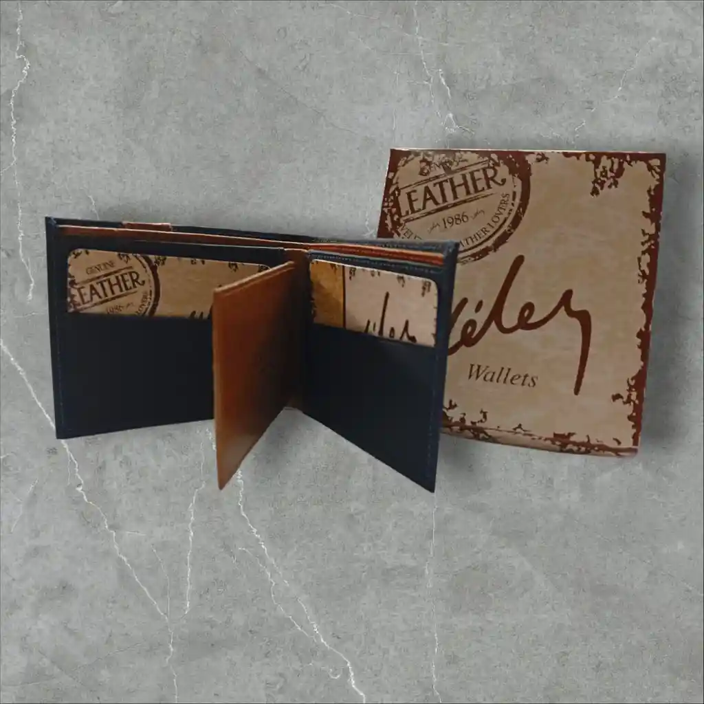 Billetera Hombre Velez Cuero Genuino De Alta Calidad Azul Oscuro Detalles Café - Placa