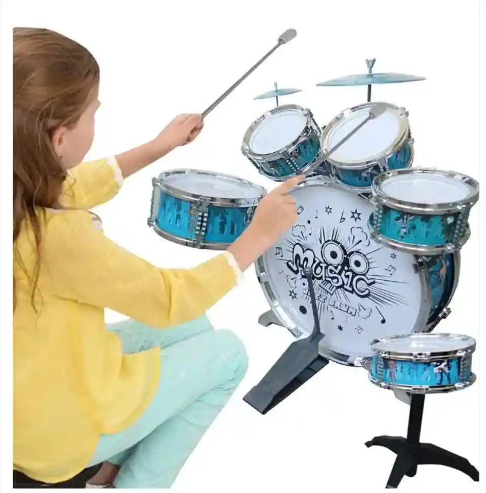 Batería Infantil 6 Tambores Platillos Silla Juguete Niños & Niñas Color Azul