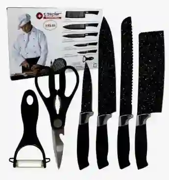 Juego De Cuchillos De 6 Piezas, Tijeras De Cocina, Acero Inoxidable, Antiadherentes, Color: Negro