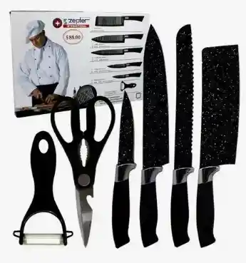 Juego De Cuchillos De 6 Piezas, Tijeras De Cocina, Acero Inoxidable, Antiadherentes, Color: Negro