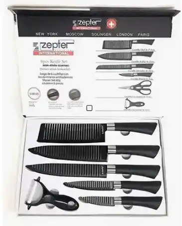 Juego De Cuchillos De 6 Piezas, Tijeras De Cocina, Acero Inoxidable, Antiadherentes, Color: Negro