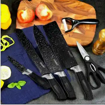 Juego De Cuchillos De 6 Piezas, Tijeras De Cocina, Acero Inoxidable, Antiadherentes, Color: Negro