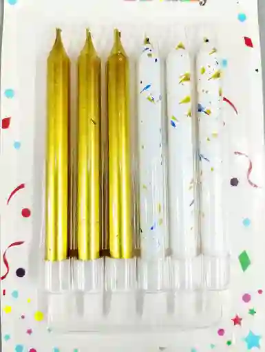 Vela De Fiesta 10 Cm X6 Und Diseño Dorado Con Blanco
