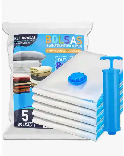 5 Bolsas De Empaque Al Vacío 70x50 + Bomba Ahorrador Espacio Lilito Hug Saver