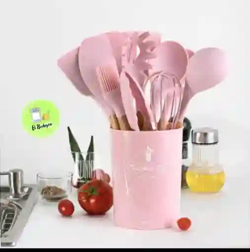 Set De Utensilios Para Cocina En Silicona Con Mango De Madera 12 Piezas Cucharas Rosadas
