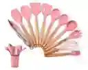 Set De Utensilios Para Cocina En Silicona Con Mango De Madera 12 Piezas Cucharas Rosadas