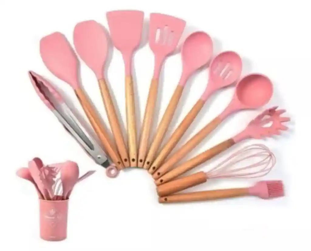 Set De Utensilios Para Cocina En Silicona Con Mango De Madera 12 Piezas Cucharas Rosadas