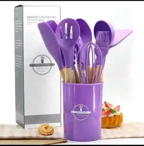 Set De Utensilios Para Cocina En Silicona Con Mango De Madera 12 Piezas Cucharas Color Morado